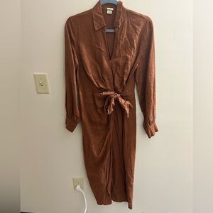 Brown 100% Linen Wrap Dress Long Sleeve Midi